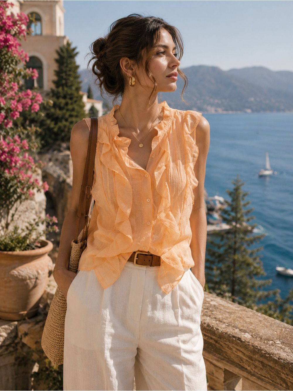 Size L Peach Ruffle-Trim Sleeveless Button Blouse